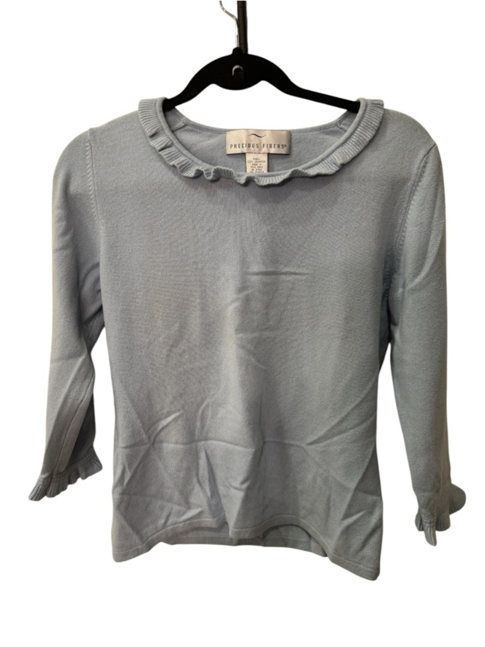 Precious Fibers blue women's ruffled neck sweater made from cashmere size S